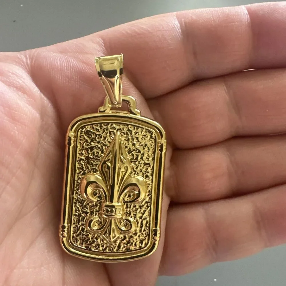 Fleur-De-Lis Gold Plated Pendant 24” Necklace Stainless Steel Dog Tag Gift
